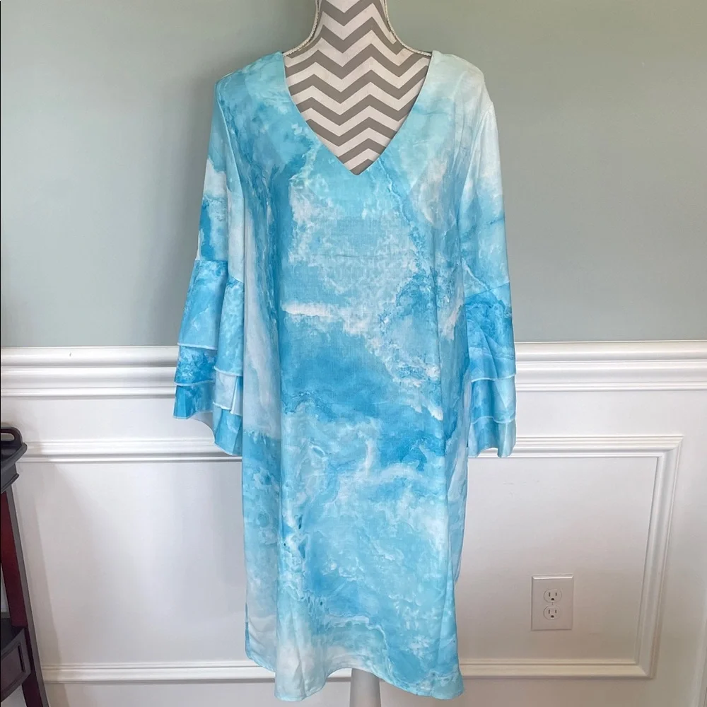 💥NWOT💥NORACORA Light Blue Tie-Dye V-Neck Bell Sleeve Dress Size XL